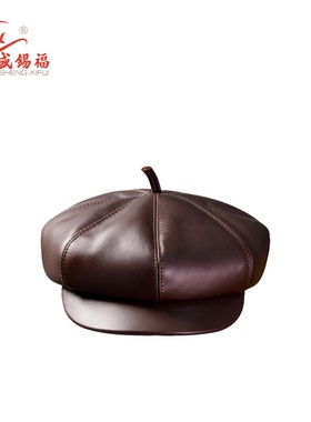 盛锡福 春上新黑棕色双色羊皮带沿八角帽 英伦复古经典百搭文艺风