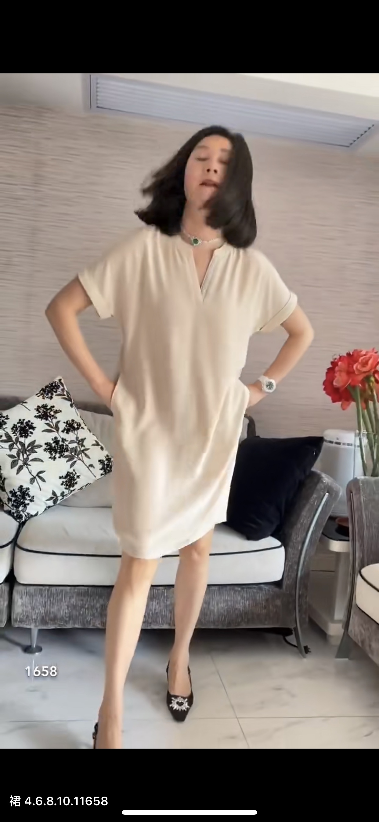 BARRIAILEN2022夏季新款钉钻V领翻边短袖醋酸连衣裙女气质宽松