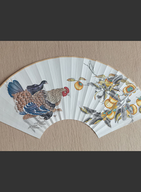 朵莲精舍工笔生肖折扇手绘小猪鸡