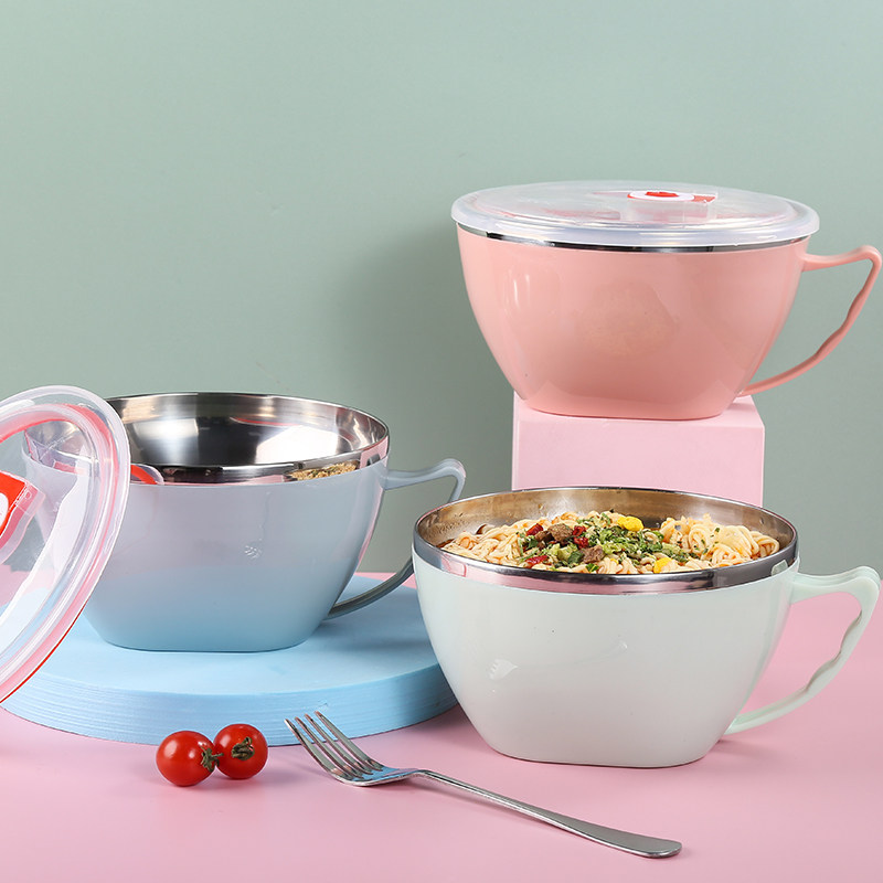 不锈钢泡面碗卡通兔子带盖韩式碗筷套装宿舍家用学生便当盒大汤碗