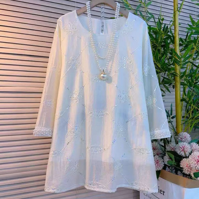 ເສື້ອຢືດ chiffon slimming ຄໍ sleek ຂະຫນາດໃຫຍ່ embroidered