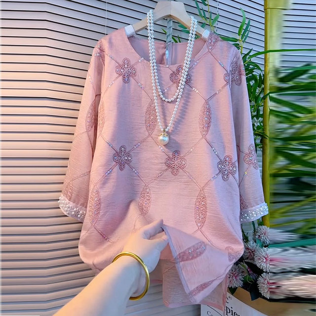 ເສື້ອຢືດ chiffon slimming ຄໍ sleek ຂະຫນາດໃຫຍ່ embroidered