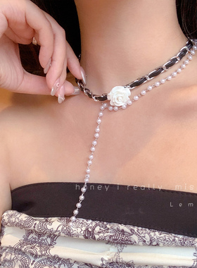 玫瑰花珍珠choker黑色项圈女高级感小众颈链气质锁骨链颈带