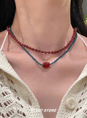 新中式串珠氛围感男锁骨链女天然石项链小众设计双层叠戴颈链古风