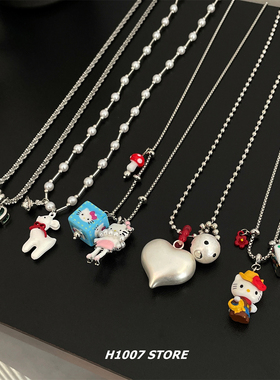 新款彩色方块KT猫爱心长款项链女小众设计感可爱甜美毛衣链男配饰
