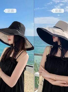 18CM超大帽檐遮脸双面渔夫帽女夏季韩版遮阳防晒防紫外线太阳帽子