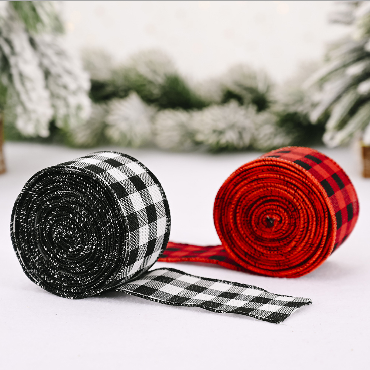 格子麻布圣诞彩带织带缎带圣诞树配件蝴蝶结圣诞节装饰圣诞树丝带-图0