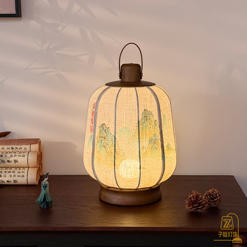 宋代美学国画绣花实木台灯中式高级美感布艺氛围节庆送礼装饰台灯