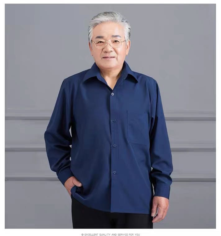 Spring and autumn loose long-sleeved polycotton shirts for middle-aged and elderly men