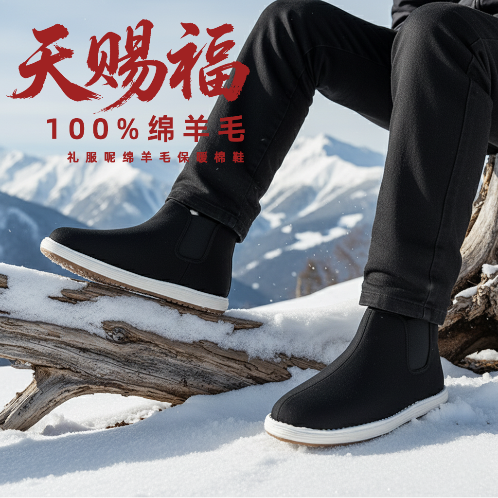 天赐福礼服呢绵羊毛皮毛一体冬季老北京男千层底加厚保暖男鞋,淘宝优惠券,粉丝福利购,淘宝优惠卷