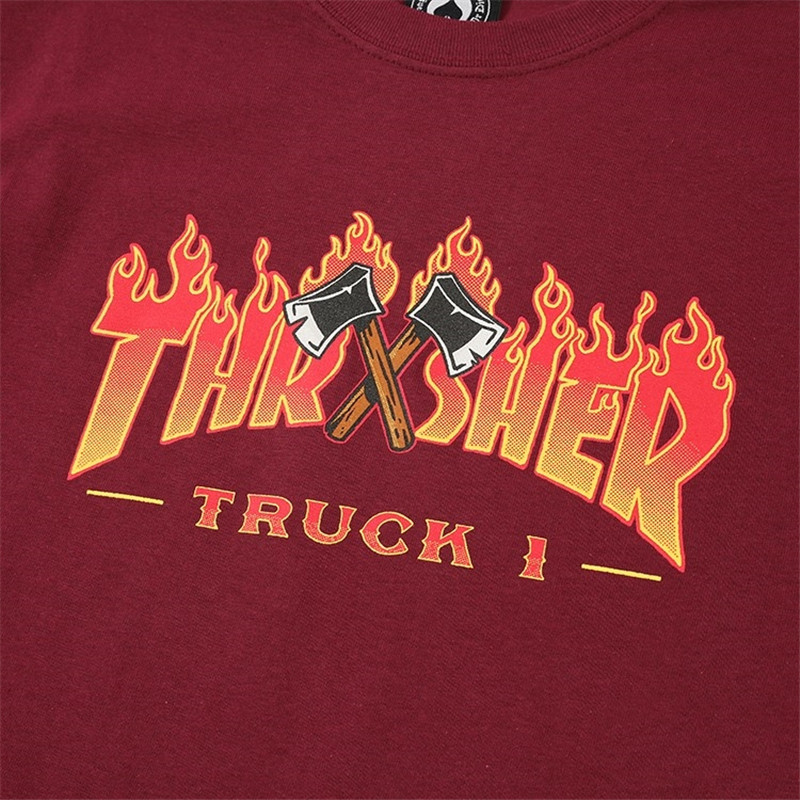 【限定】Thrasher Truck 美版 双斧头插画火焰酒红色短袖T恤 - 图2