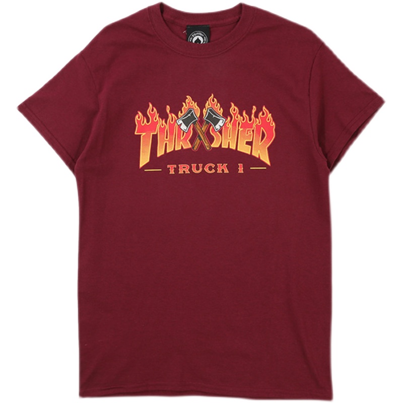 【限定】Thrasher Truck 美版 双斧头插画火焰酒红色短袖T恤 - 图3