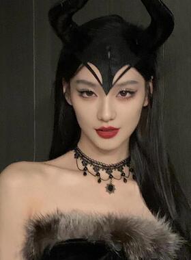 万圣节玛琳菲森cos小恶魔角头饰黑魔女巫装扮牛角发箍女成人装饰