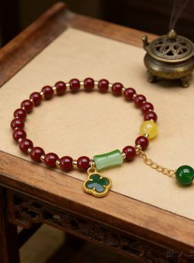 新款仿朱砂手链女款小清新四叶草送闺蜜高颜值百搭手链手串珠礼物