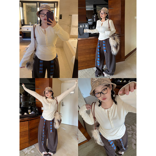 阿周家大码微胖【wan能舒适区】内里抓绒一排扣显腰细打底衫女冬 - 图0