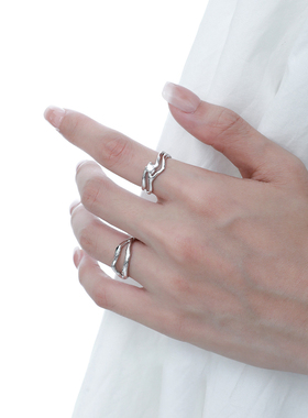 原创小众设计高级感极简不规则面镶嵌贝珠S925纯银开口戒指女