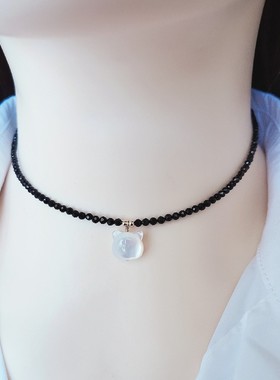 不掉色颈带尖晶石锁骨链猫咪头