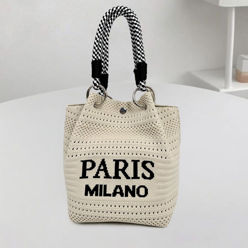 新款PARIS风小众设计针织手提包时尚白塔逛街拍照手拎包包水桶方,淘宝优惠券,粉丝福利购,淘宝优惠卷