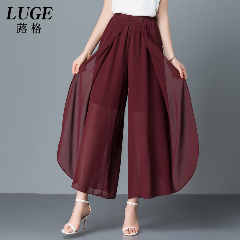 白色开叉夏垂坠感子双层雪纺裙裤 蕗格休闲裤