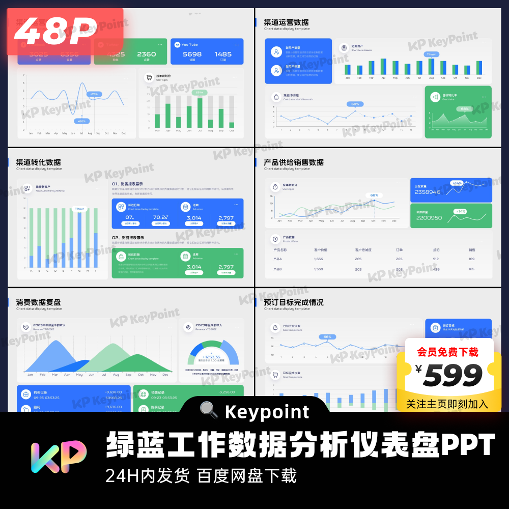 48页绿蓝工作数据分析仪表盘PPT模板Keypoint大师ppt设计 - 图1