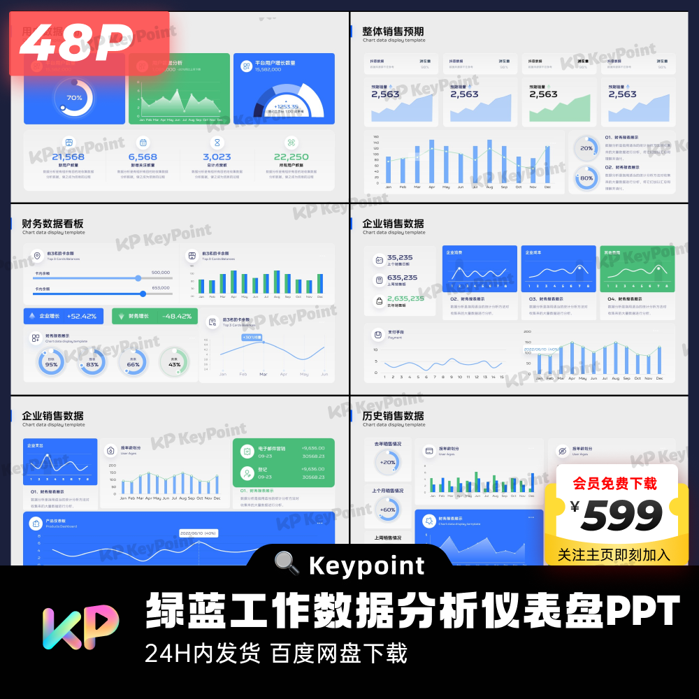 48页绿蓝工作数据分析仪表盘PPT模板Keypoint大师ppt设计 - 图0