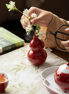 祭红陶瓷葫芦花瓶红色小号花器家居招财装饰品福禄中国风茶桌摆件
