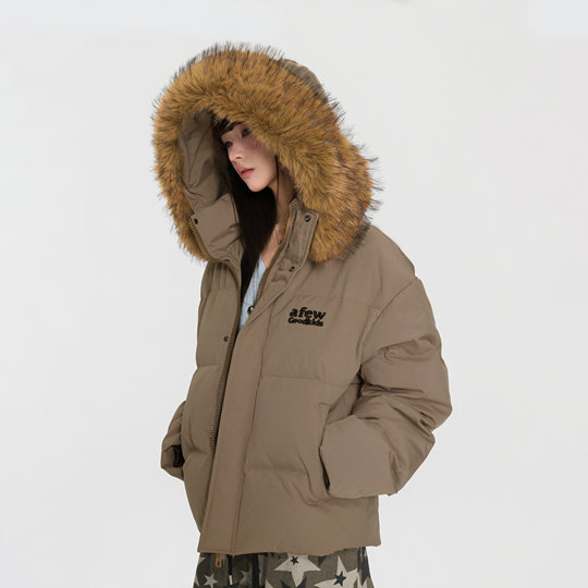 AFGK25FW大毛领羽绒服美式复古加厚面包服可拆卸毛领短款情侣外套