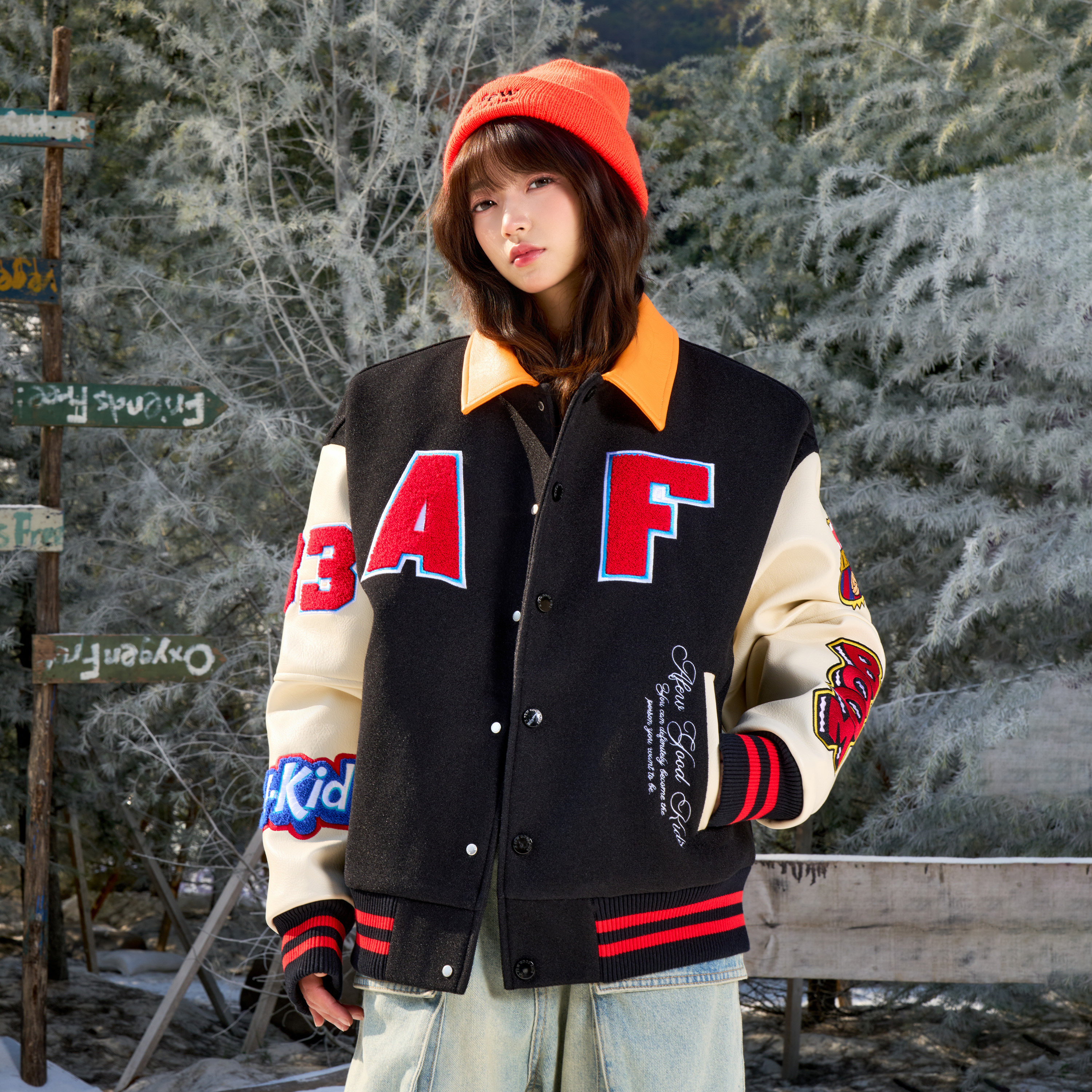 AFGK25FW翻领撞色棒球棉服美式复古毛巾绣情侣夹克秋冬加厚外套,淘宝优惠券,粉丝福利购,淘宝优惠卷