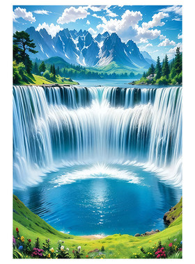聚宝盆高山流水瀑布山水画客厅玄关装饰画招财自粘画生财墙贴壁画