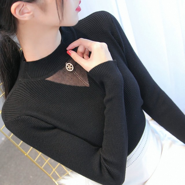 Knitted sweater spring new women's half turtleneck mesh hollow top slim tight short style inner sweater bottoming shirt