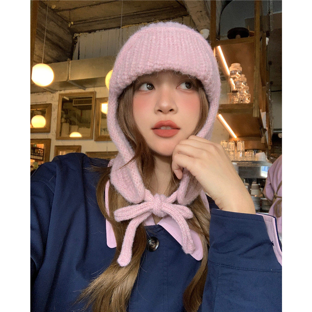 韩系出片~显脸小纯色系带针织毛线飞行帽女冬百搭护耳学生雷锋帽