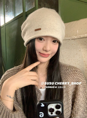 出口日韩~极简羊毛文艺堆堆帽女秋冬护耳显脸小针织套头冷帽