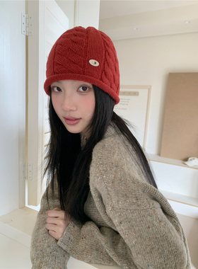 韩女爱了！奶蓝色麻花卷边堆堆毛线帽女秋冬韩系小标针织套头帽潮