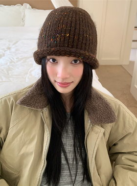 韩女bi入~可爱彩点卷边针织冷帽女秋冬保暖护耳显脸小毛线套头帽
