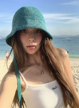 定染蓝绿色~出日本飘带渔夫帽女夏秋针织棉百搭透气显脸小盆帽子