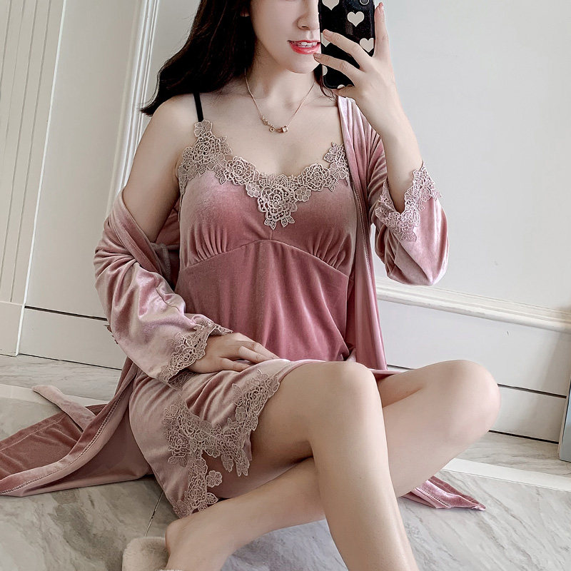 女春秋冬性感吊带睡裙四件套装带 lingsang睡衣/家居服套装