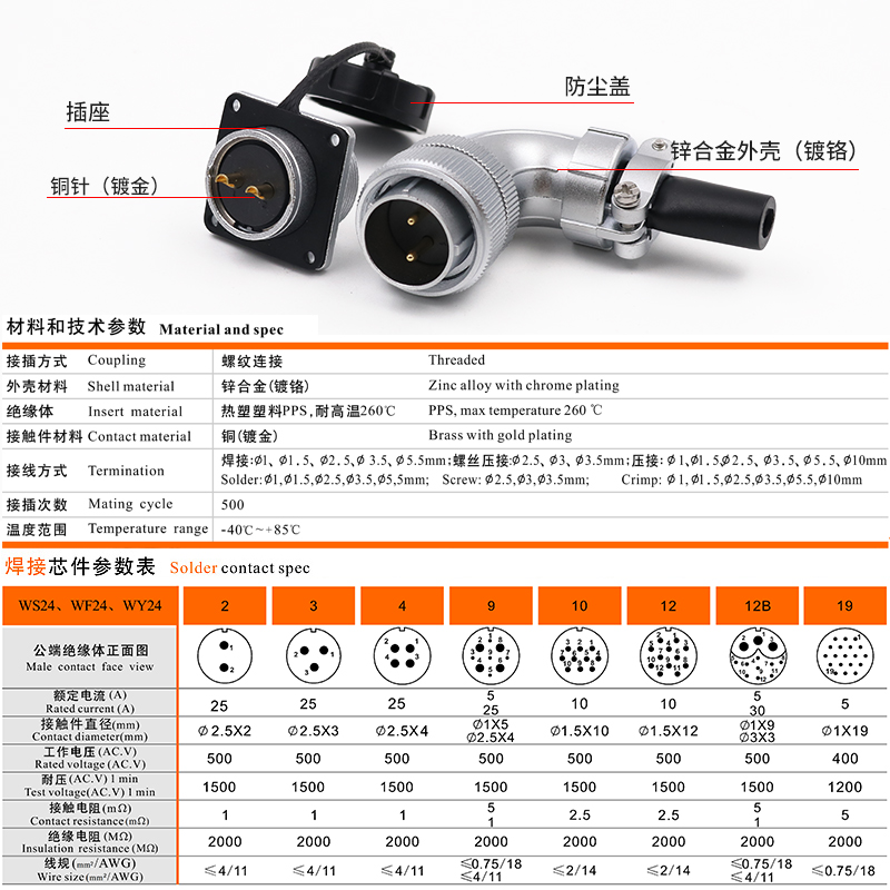 弯式航空插头WS24插座2349孔10芯12针19芯湾插头母方座威浦WEIPU - 图2