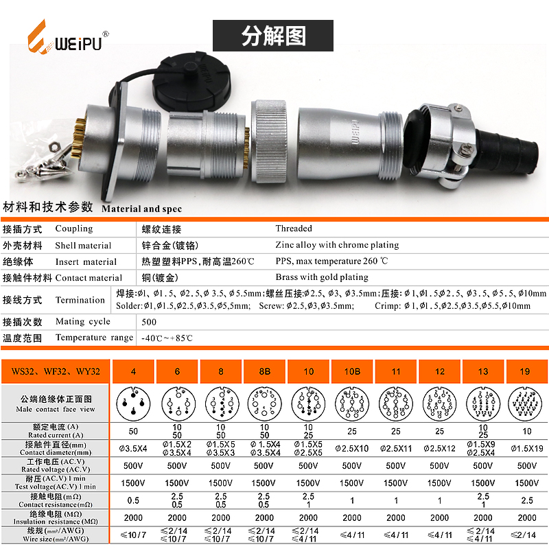 威浦航空插头WF32插座4芯6芯8芯10芯11芯13芯19芯防水插头TI方座Z