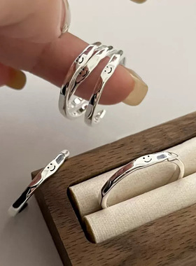 s925纯银韩国东大门ins风简约亮银饰品涂鸦笑脸戒指叠戴百搭指环