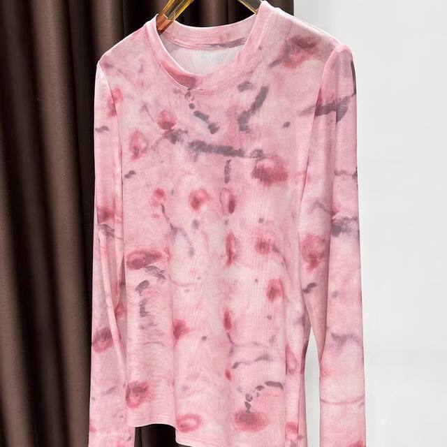 Summer ice silk sunscreen pink printed mesh bottoming shirt women's thin long-sleeved T-shirt elastic inner slim fit top