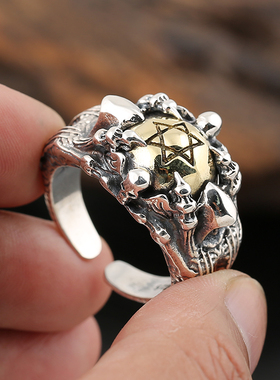 欧美朋克风骷髅六芒星夸张戒指