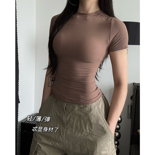 【chao轻薄】卡戴珊t恤紧身短袖简约速干上衣瑜伽服显身材打底T - 图0