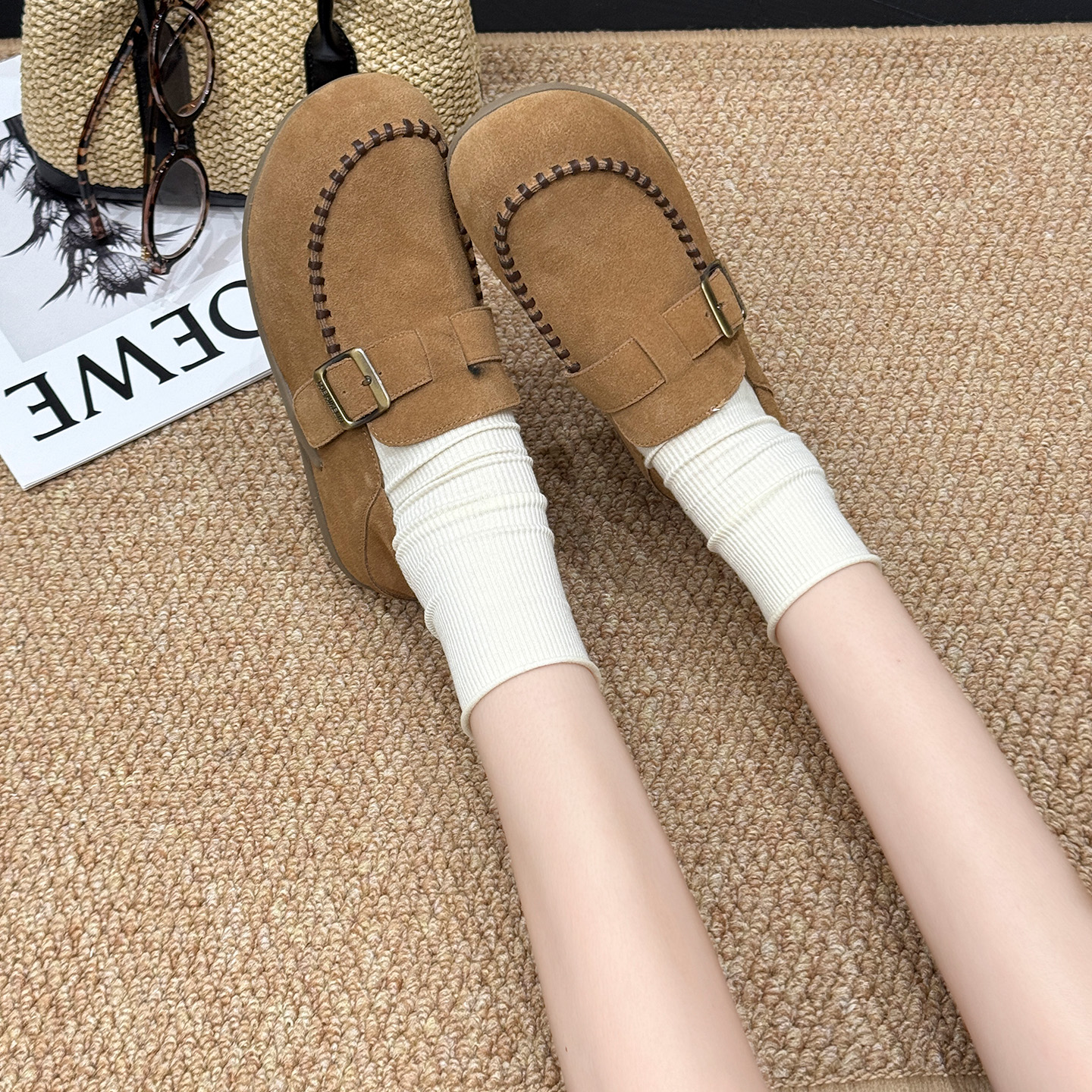 歌诗茵平底单鞋女2025秋新款搭扣懒人一脚蹬豆豆鞋百搭复古博肯鞋 - 图1