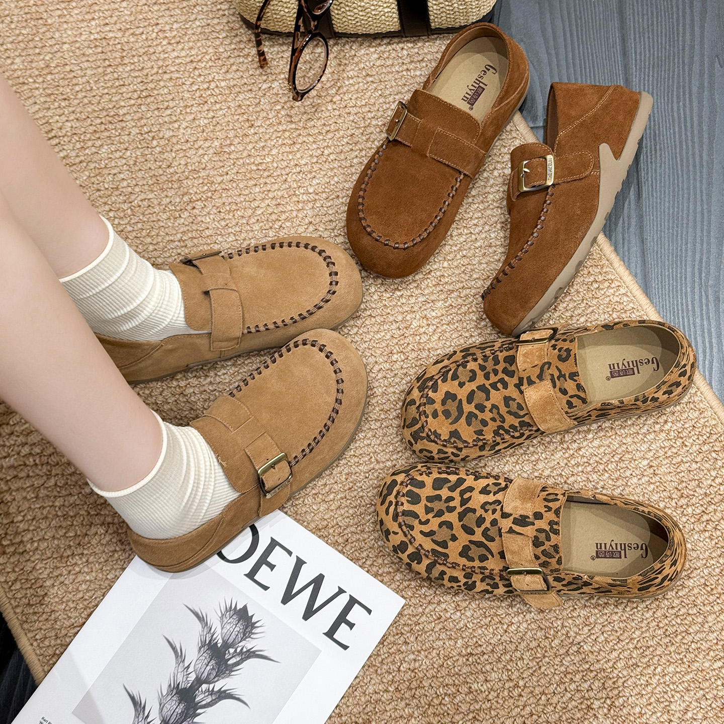 歌诗茵平底单鞋女2025秋新款搭扣懒人一脚蹬豆豆鞋百搭复古博肯鞋 - 图0