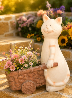 可爱猫咪推车花盆庭院摆件