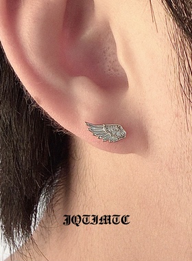 JQTIMTC《天使之翼》S925纯银耳钉男女翅膀镶钻螺丝拧耳饰品礼物