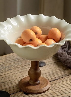 法式奶油复古花瓣边高脚水果盘果盘中古风水果盆家居摆件高脚果盘