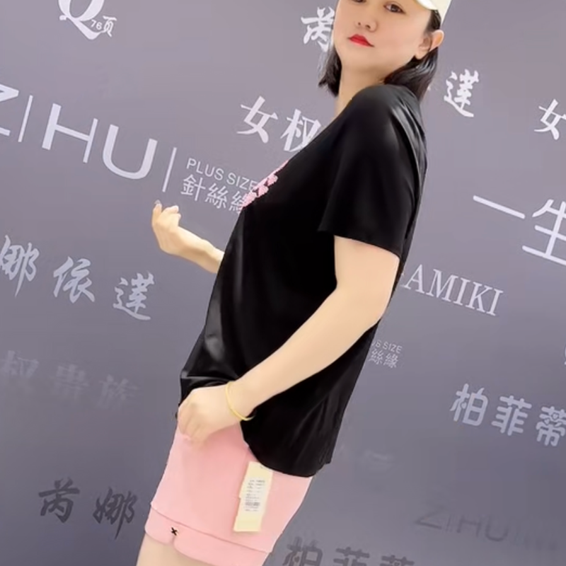 9216芮娜依莲夏季新款韩版宽松显瘦胖MM大码女常规款短袖圆领T恤 - 图0