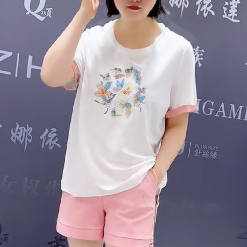 9638芮娜依莲夏季新款韩版宽松显瘦胖MM大码女装常规款短袖T恤潮 - 图2