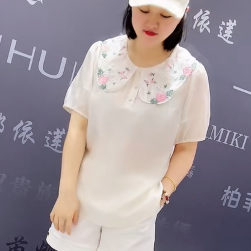 5947芮娜依莲夏季新款韩版宽松显瘦胖MM大码女常规款短袖百搭小衫 - 图1